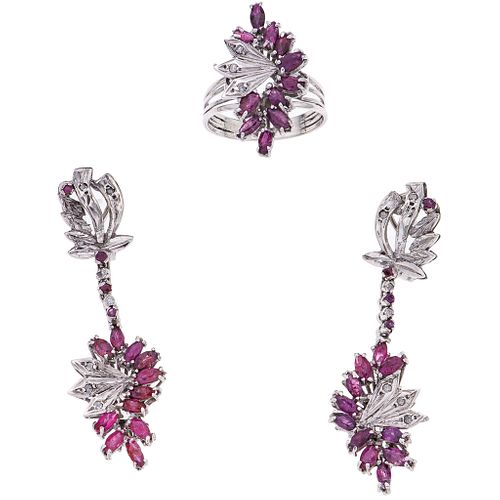 SET OF RING AND PAIR OF EARRINGS WITH RUBIES AND DIAMONDS IN PALLADIUM SILVER Rubies (different cuts)~5.0ct, 8x8 cut diamonds ~0.30ct | JUEGO DE ANILL