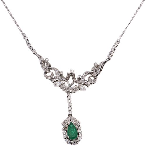 CHOKER WITH EMERALD AND DIAMONDS IN PALLADIUM SILVER 1 Drop cut emerald ~1.20 ct, 8x8 and marquise cut diamonds ~1.25 ct | GARGANTILLA CON ESMERALDA Y