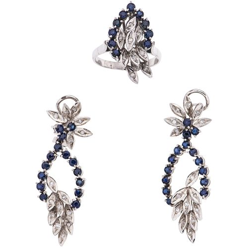 SET OF RING AND PAIR OF EARRINGS WITH SAPPHIRES AND DIAMONDS IN PALLADIUM SILVER Round cut sapphires~2.0 ct, 8x8 cut diamonds~0.30 ct | JUEGO DE ANILL