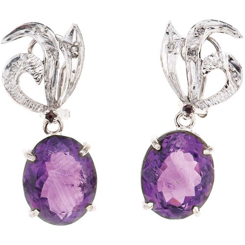 PAIR OF EARRINGS WITH AMETHYSTS, RUBELLITES AND DIAMONDS IN PALLADIUM SILVER Oval cut amethysts ~14.0 ct, 8x8 cut diamonds ~0.04 ct | PAR DE ARETES CO