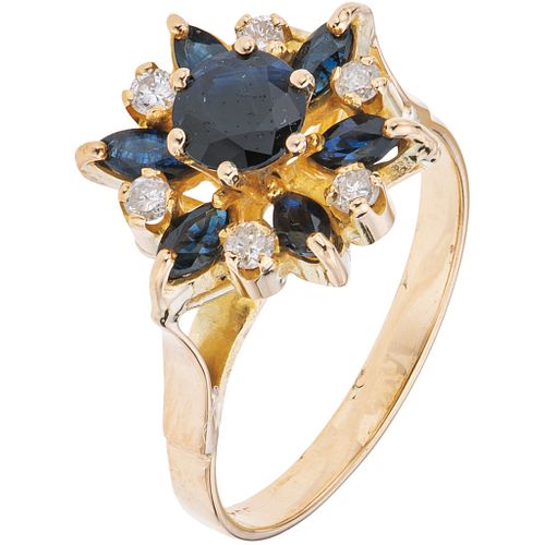 RING WITH SAPPHIRES AND DIAMONDS IN 14K YELLOW GOLD Round and marquise cut sapphires ~0.80 ct, Brilliant cut diamonds ~0.12ct | ANILLO CON ZAFIROS Y D
