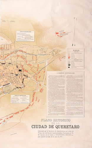 Carranza, Venustiano. Plano Histórico de la Ciudad de Querétaro. México,1917. Impresión en 2 partes: 107.5x73 y 107.5x64 cm. Pzs: 2