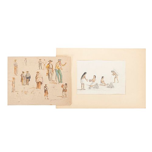 Dibujos de Tipos Mexicanos. México, ca. 1900. Lápiz y acuarela sobre papel. Ex Libris de Antonio Castro Leal. Piezas: 2.