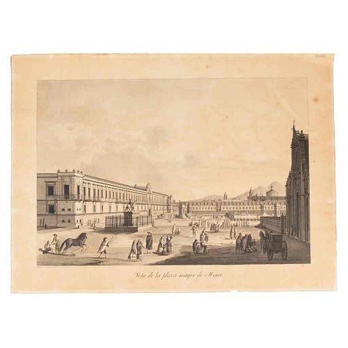 Brambila, Fernando - Espejo, J. Vista de la Plaza Mayor de Méjico. Siglo XIX. Tinta y acuarela sobre papel, 35.8 x 52.5 cm.