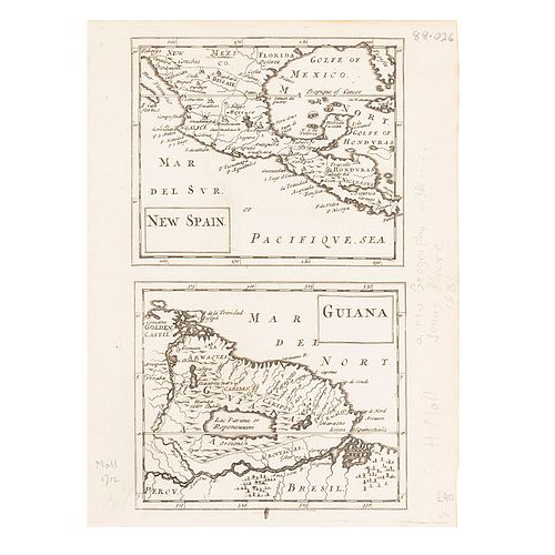 Moll, Herman. New Spain - Guiana. London, ca. 1712. Dos mapas grabados en una hoja, 22 x 16 cm.
