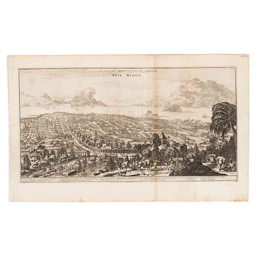 Montanus, Arnoldus. Nova Mexico. Amsterdam, 1671. Grabado, 29 x 54.7 cm. Vista de la ciudad de México derivada de la obra de Trasmonte.