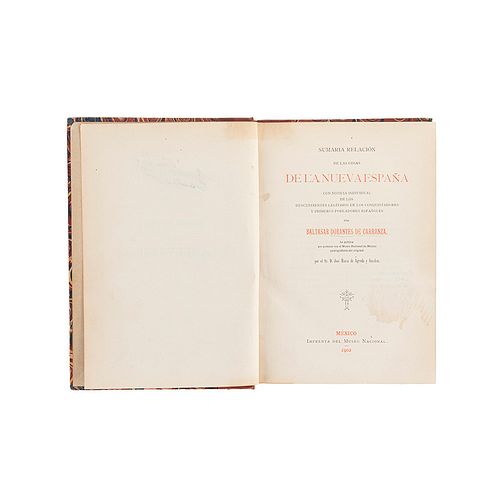 Dorantes de Carranza, Baltasar. Sumaria Relación de las Cosas de la Nueva España. México, 1902. Primera edición.