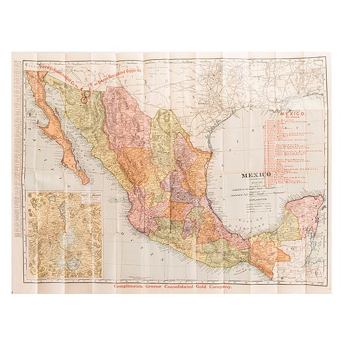 Vest Pocket Map. Republic of Mexico. St. Louis: Compliments of Greene Consolidated Gold Co., 1904.  Mapa impreso, 52x68 cm., plegado.