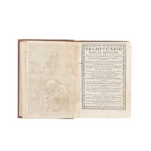 Paredes, Ignacio de. Promptuario Manual Mexicano. México: Imprenta de la Bibliotheca Mexicana, 1759. 1a edición. Frontispicio grabado.