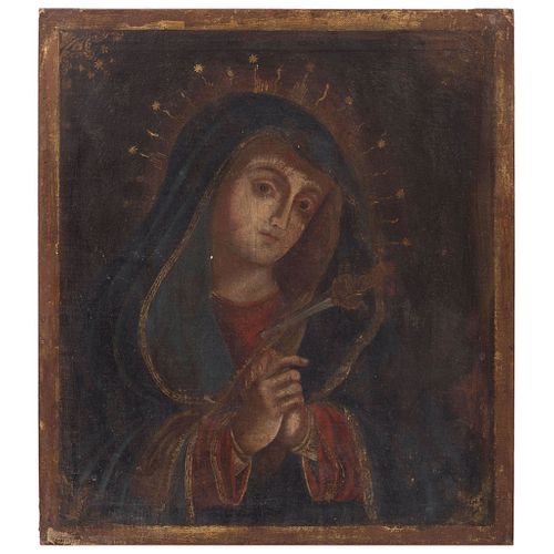 VIRGEN DOLOROSA 19TH CENTURY Oil on canvas Conservation details 25.1 x 22" (64 x 56 cm) | VIRGEN DOLOROSA SIGLO XIX Óleo sobre tela Detalles de conser