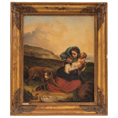 ESCENA DE DAMA CON PERRO Y SERPIENTE  FRANCE, 19TH CENTURY Oil on canvas Conservation details 17.7 x 14.7" (45 x 37.5 cm) | ESCENA DE DAMA CON PERRO Y