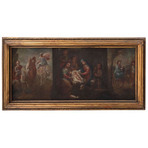 TRIPTYCH REYES MAGOS, NACIMIENTO DE JESÚS, HUÍDA A EGIPTO MEXICO, 18TH CENTURY Oil on canvas 18.5 x 43.7" (47 x 111 cm) | TRÍPTICO REYES MAGOS, NACIMI
