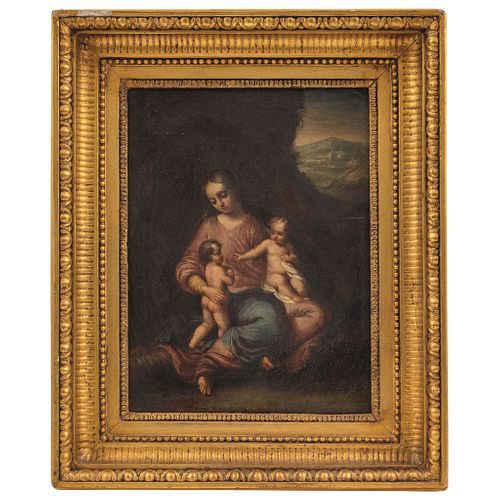IN MANNER OF ANTONIO ALLEGRI CORREGGIO (1493-1534) LA VIRGEN, EL NIÑO Y SAN JUAN 19TH CENTURY Oil on canvas | A LA MANERA DE ANTONIO ALLEGRI CORREGGIO