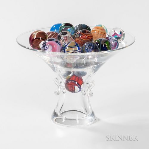 Steuben Colorless Crystal Bowl and Thirty Modern Glass Marbles