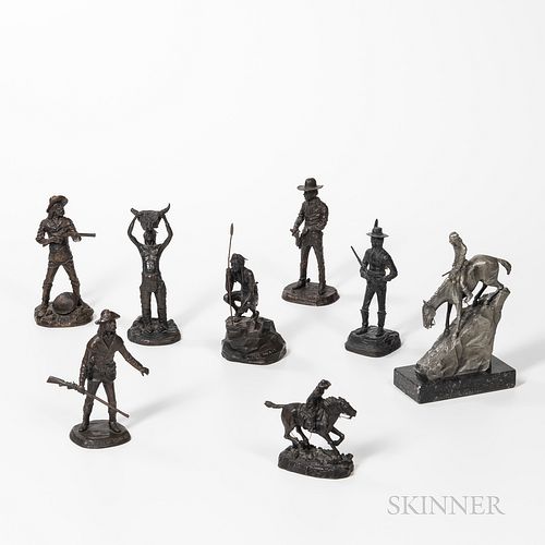 Eight Pioneer or Western-themed Mostly Bronze Sculptures