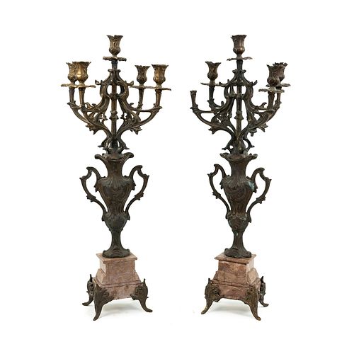 Pair of Italian Rococo Marble & Cast Bronze Candelabras 