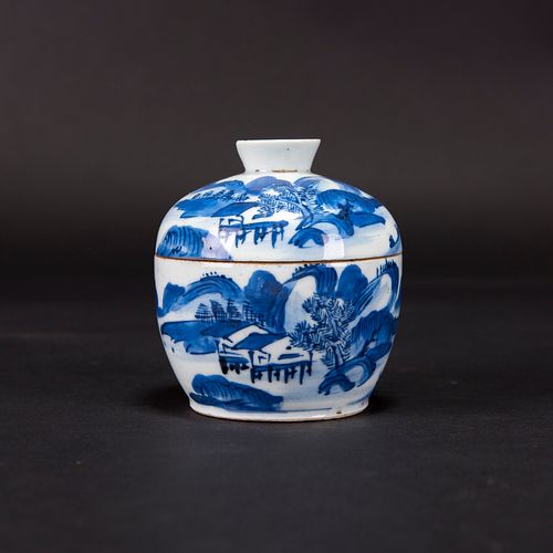 A BLUE AND WHITE 'LANDSCAPE' BOWL AND COVER 