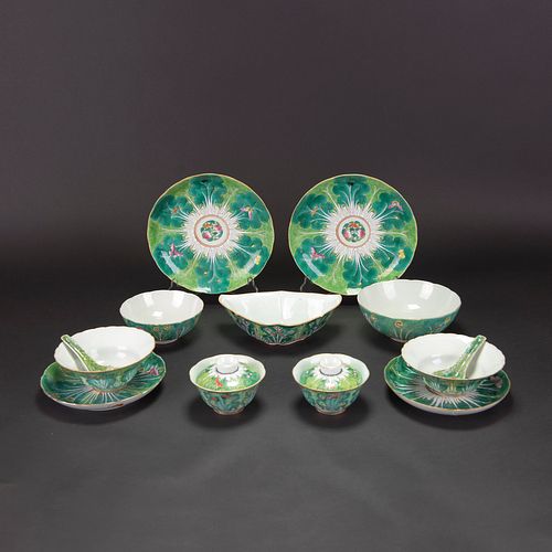 LOT OF 15, CHINESE BOK CHOY PORCELAIN BOWLS, DISHES AND SPOONS 
