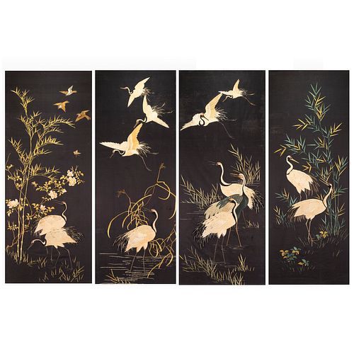 LOT OF 4, CHINESE EMBROIDERED CRANE PANELS 