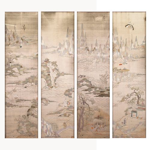A GROUP OF 4 CHINESE SILK EMBROIDERED LANDSCAPE PANELS, QING DYNASTY 