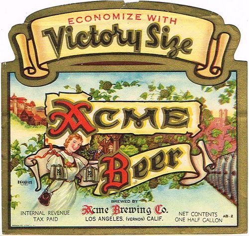 1942 Acme Beer 64oz Half Gallon WS8-10 Los Angeles, California