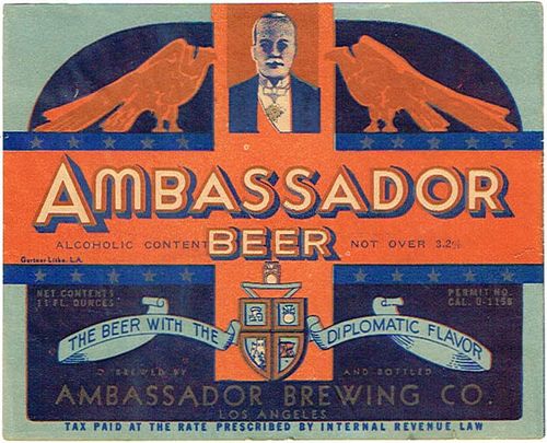 1933 Ambassador Beer 11oz WS8-20V Los Angeles, California