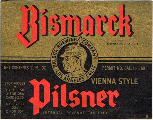 1936 Bismarck Pilsner Beer 11oz WS9-25 Los Angeles, California