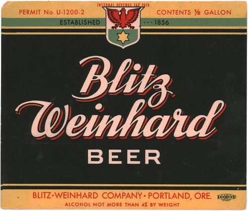 1933 Blitz Weinhard Beer 64oz Half Gallon WS96-08 Portland, Oregon