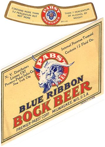 1936 Blue Ribbon Bock Beer (NYC) 12oz WI286-113 Milwaukee, Wisconsin