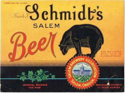 1935 Frank J. Schmidt's Salem Beer 11oz WS97-11 Salem, Oregon