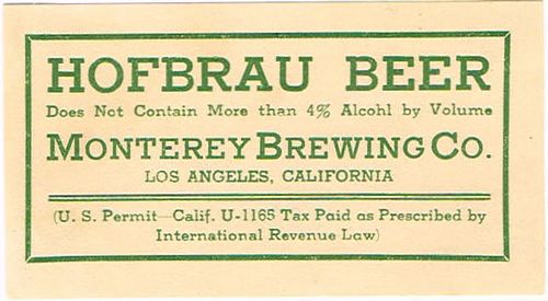 1934 Hofbrau Beer No Ref. Keg or Case Label No Ref. Los Angeles, California