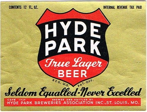 1939 Hyde Park True Lager Beer 12oz CS133-16 Saint Louis, Missouri