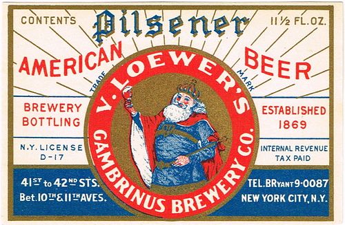 1936 Loewer's Pilsener Beer 11Â½oz NY61-17 New York, New York