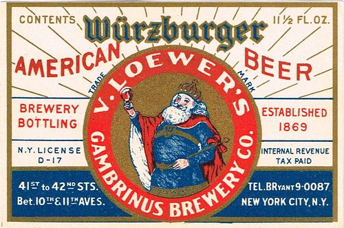 1936 Loewer's WÅ±rzburger Beer 11Â½oz NY61-18 New York, New York