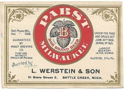 1906 Pabst Boh Brand Beer No Ref. WIS286-41V Battle Creek, Michigan