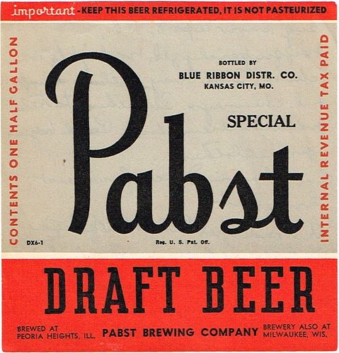 1939 Pabst Draft Beer (Kansas City Missouri) 64oz Half Gallon IL Peoria Heights, Illinois
