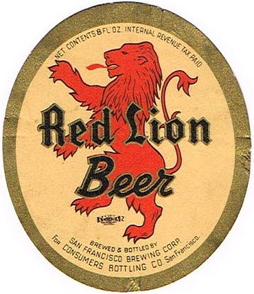 1938 Red Lion Beer 8oz No Ref. San Francisco, California