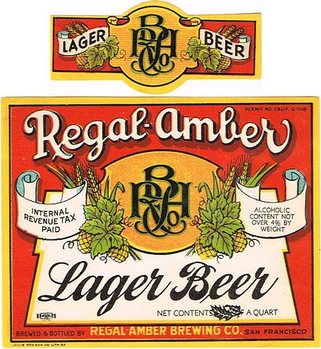 1934 Regal Amber Lager Beer 32oz One Quart WS44-11 San Francisco, California