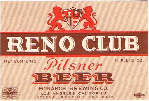 1936 Reno Club Pilsner Beer 11oz WS20-04 Los Angeles, California