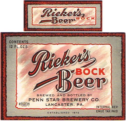 1937 Rieker's Bock Beer 12oz PA45-13 Lancaster, Pennsylvania