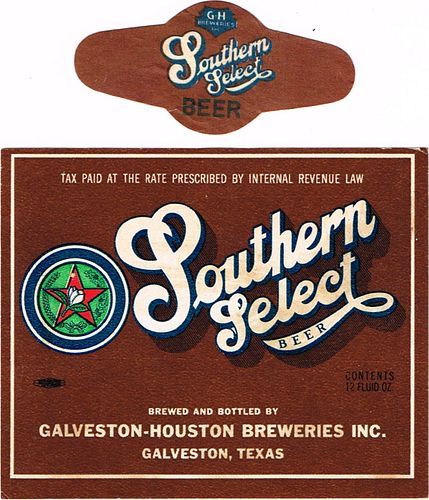 1942 Southern Select Beer 12oz WS102-08 Galveston, Texas