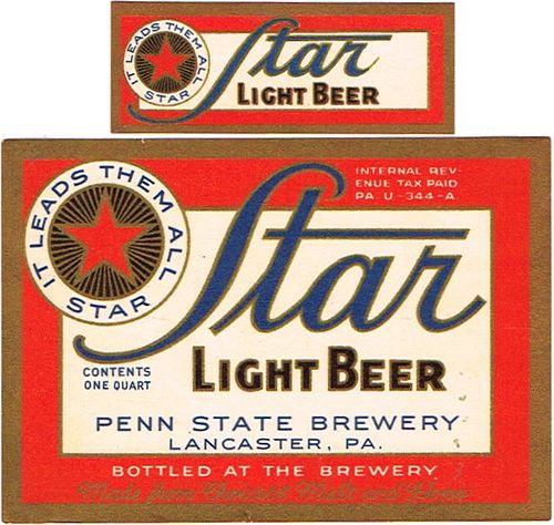 1933 Star Light Beer 32oz One Quart PA45-07 Lancaster, Pennsylvania