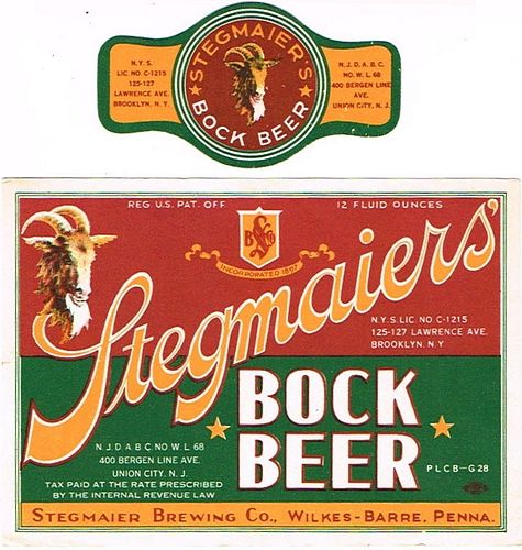 1936 Stegmaier's Bock Beer 12oz PA124-19 Wilkes-Barre, Pennsylvania