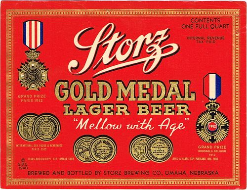 1940 Storz Gold Medal Lager Beer 32oz One Quart WS86-01 Omaha, Nebraska