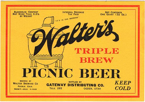 1936 Walter's Triple Brew Picnic Beer 32oz One Quart WS65-3 Pueblo, Colorado