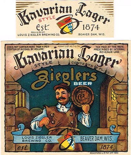 1935 Zieglers Bavarian Lager Beer 12oz WI28-02 Beaver Dam, Wisconsin