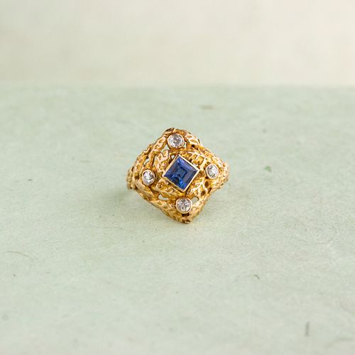 Art Nouveau Sapphire & Diamond Navette Ring, 14k
