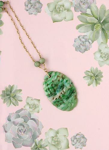 Art Deco Carved Jade Jadeite Necklace, 14k