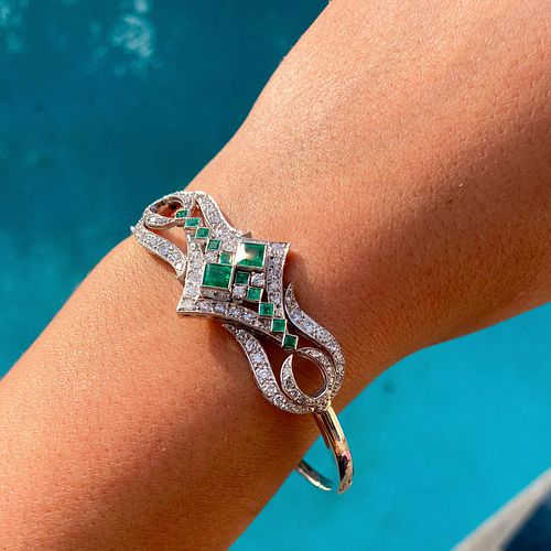 Art Deco Emerald & Diamond Bangle Bracelet, Platinum