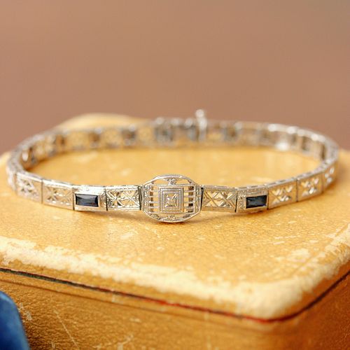 Art Deco Diamond & Sapphire Filigree Bracelet, 10k